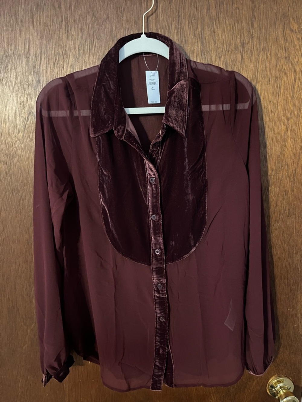 GAP sheer burgundy top with velvet bib embellishment Size M TALL